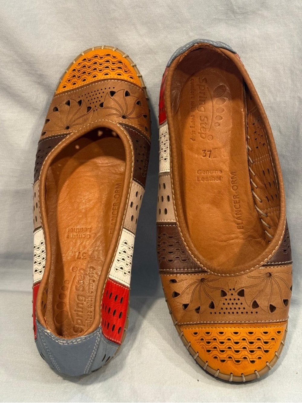 Spring Step Multicolor Leather Patchwork Slip-Ons in Yellow, Red, Blue, Tan